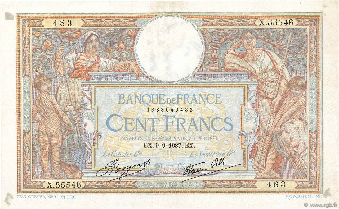 100 Francs LUC OLIVIER MERSON type modifié FRANCE  1937 F.25.01 TTB