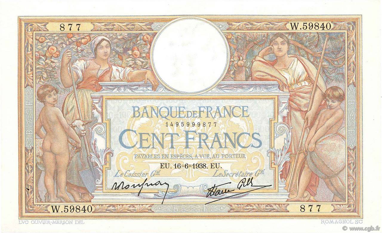 100 Francs LUC OLIVIER MERSON type modifié FRANCE  1938 F.25.23 TTB+