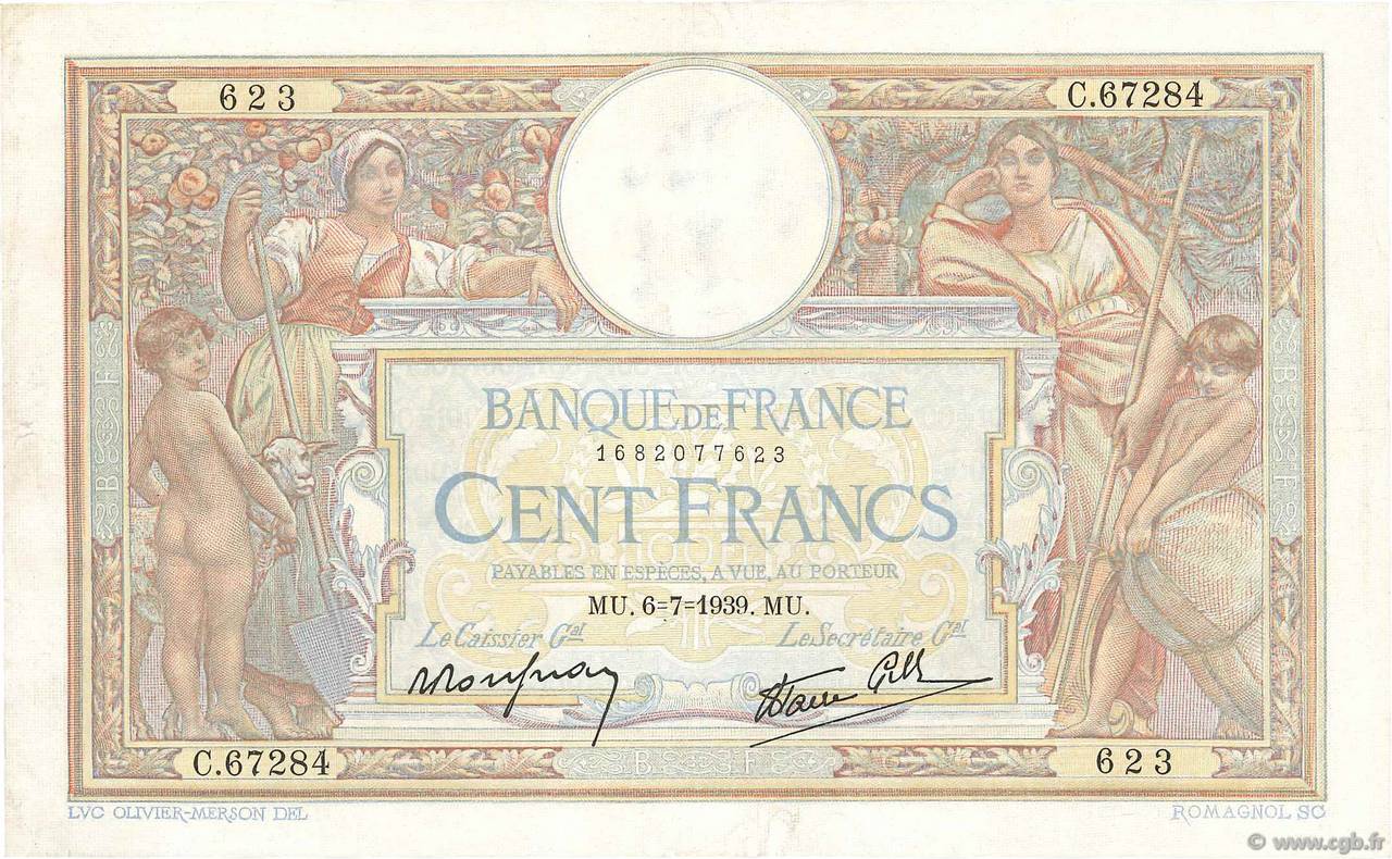 100 Francs LUC OLIVIER MERSON type modifié FRANCE  1939 F.25.48 XF-