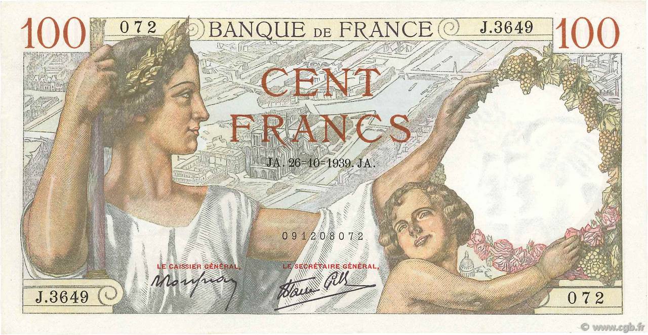100 Francs SULLY FRANCE  1939 F.26.12 SUP