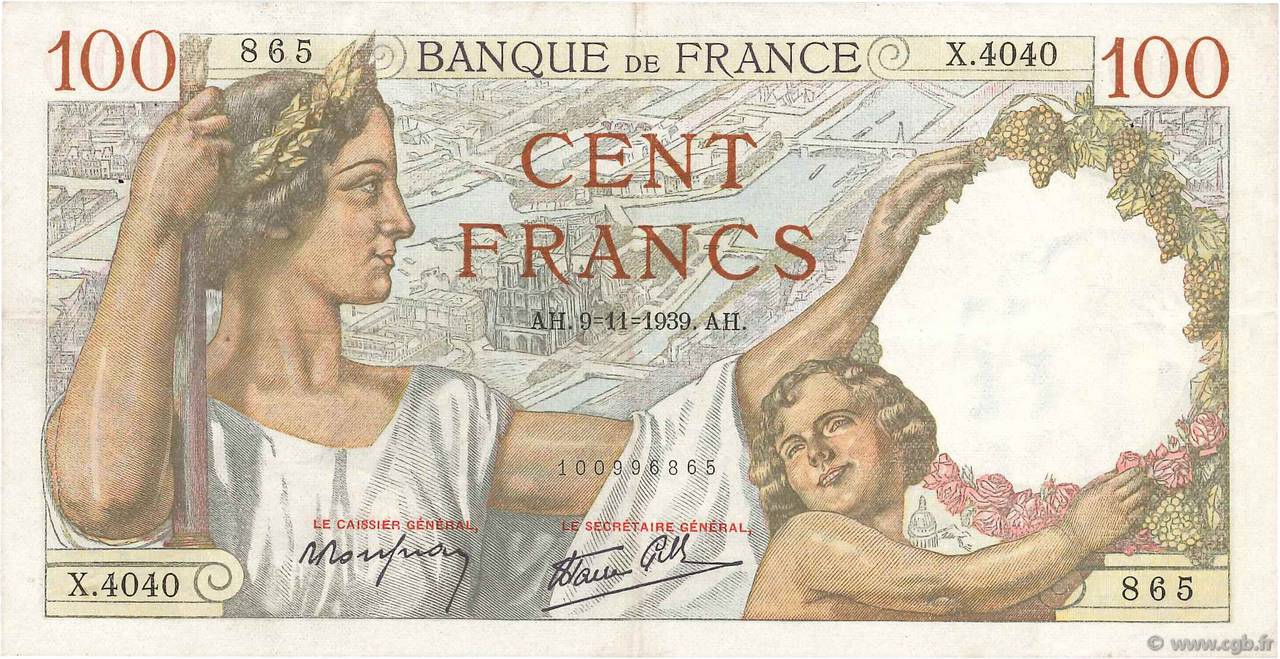 100 Francs SULLY FRANCE  1939 F.26.14 TTB+