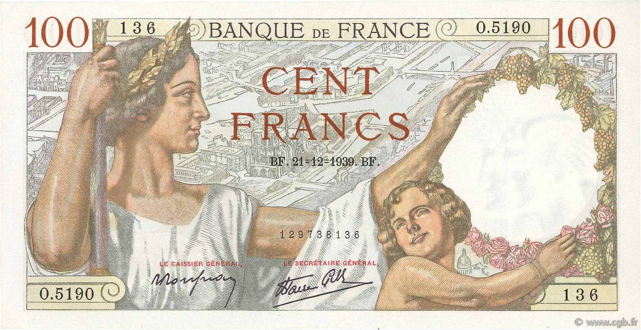 100 Francs SULLY FRANCE  1939 F.26.18 SPL+