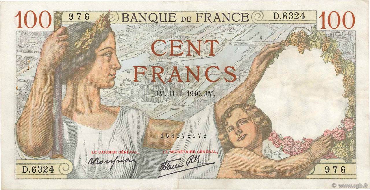 100 Francs SULLY FRANCE  1940 F.26.20 TTB