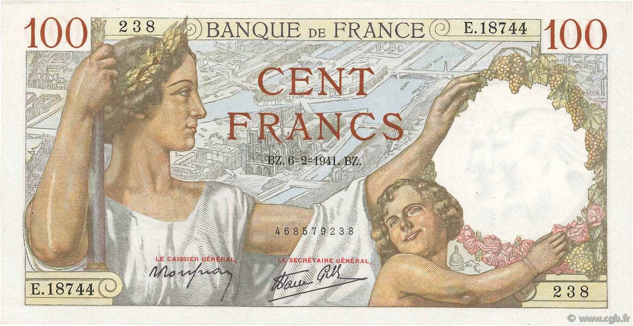 100 Francs SULLY FRANCE  1941 F.26.46 SUP+