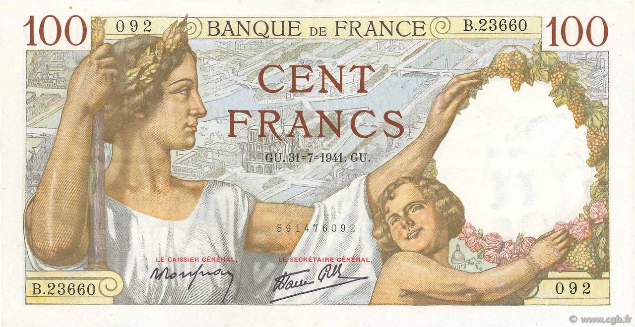 100 Francs SULLY FRANCE  1941 F.26.56 SUP+