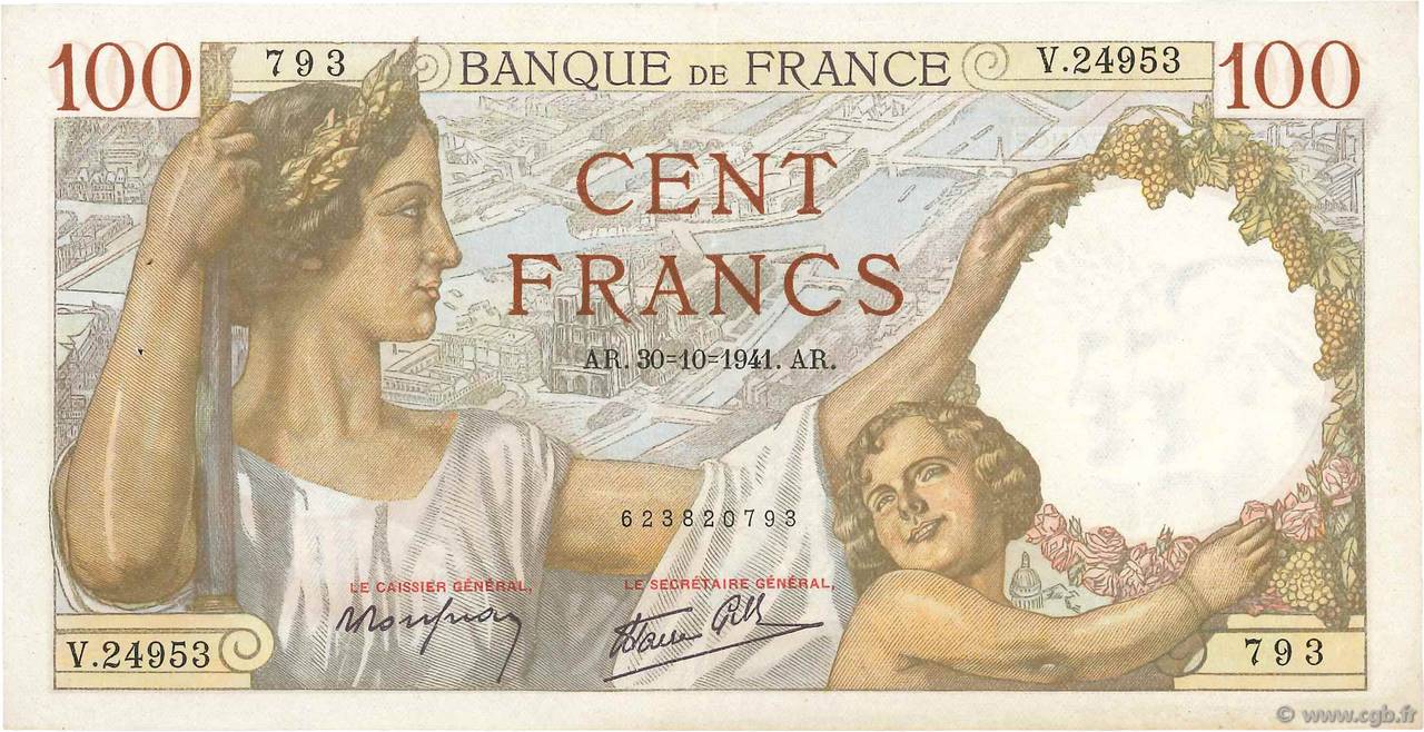 100 Francs SULLY FRANCE  1941 F.26.59 TTB+