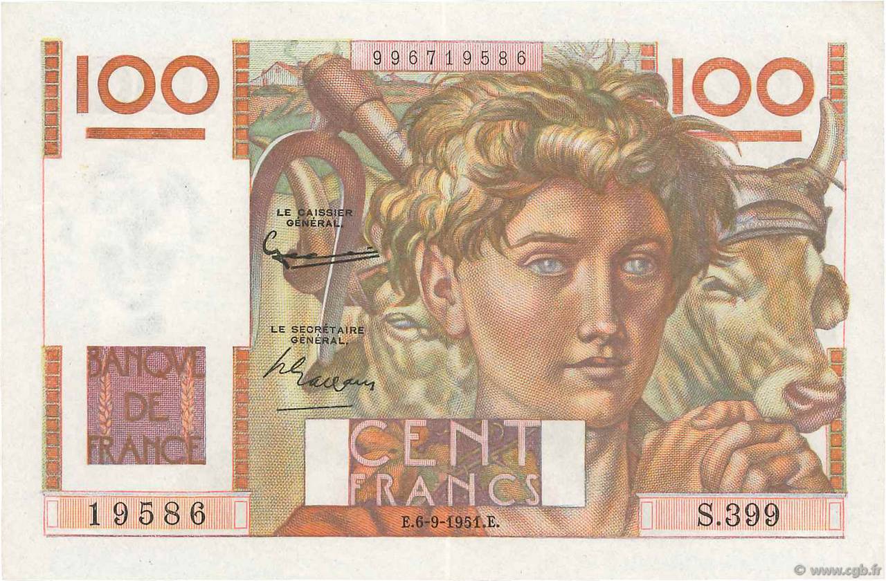 100 Francs JEUNE PAYSAN FRANCE  1951 F.28.29 pr.SPL