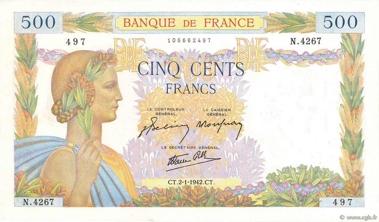 500 Francs LA PAIX FRANCE  1942 F.32.26 pr.SPL