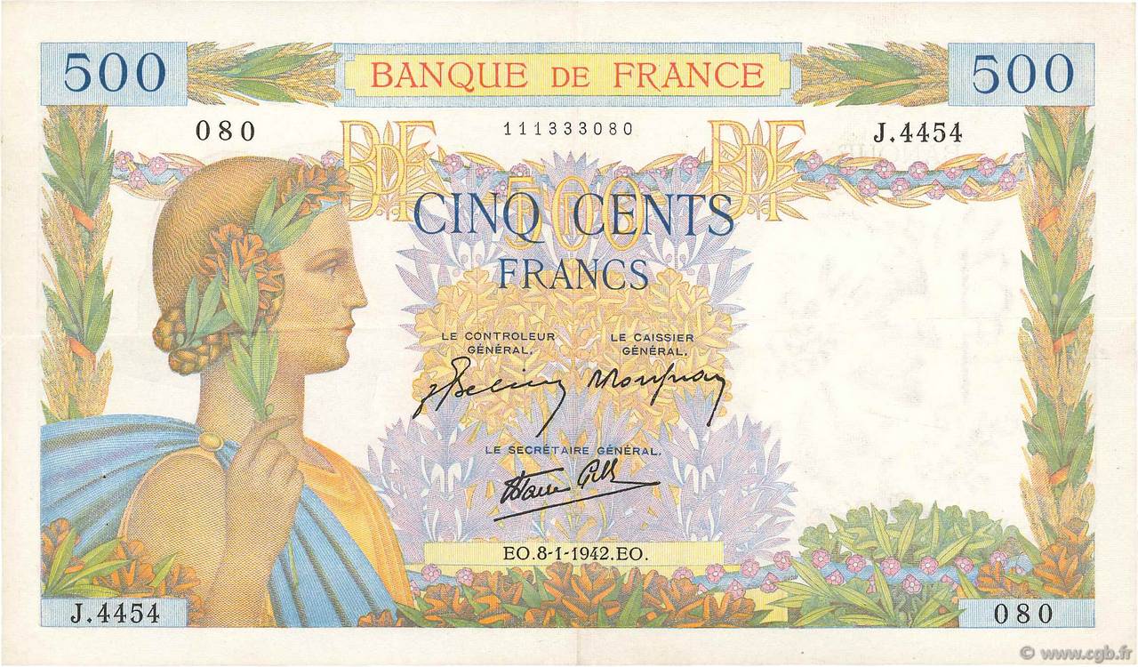 500 Francs LA PAIX FRANCE  1942 F.32.27 TTB+