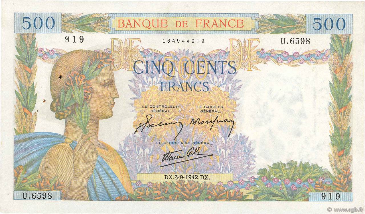 500 Francs LA PAIX FRANCE  1942 F.32.39 pr.SUP