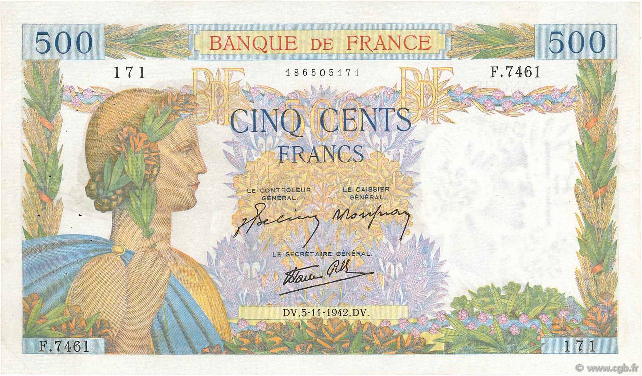 500 Francs LA PAIX FRANCE  1942 F.32.43 pr.TTB