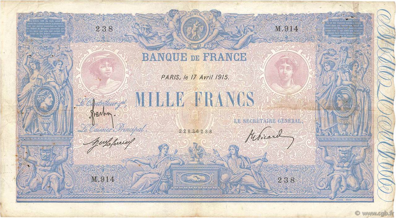 1000 Francs BLEU ET ROSE FRANCE  1915 F.36.29 TB