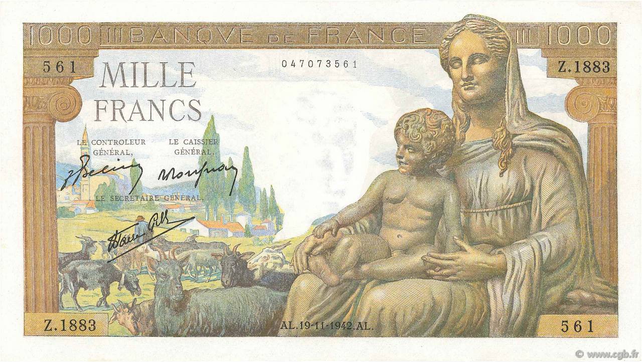 1000 Francs DÉESSE DÉMÉTER FRANKREICH  1942 F.40.11 fST