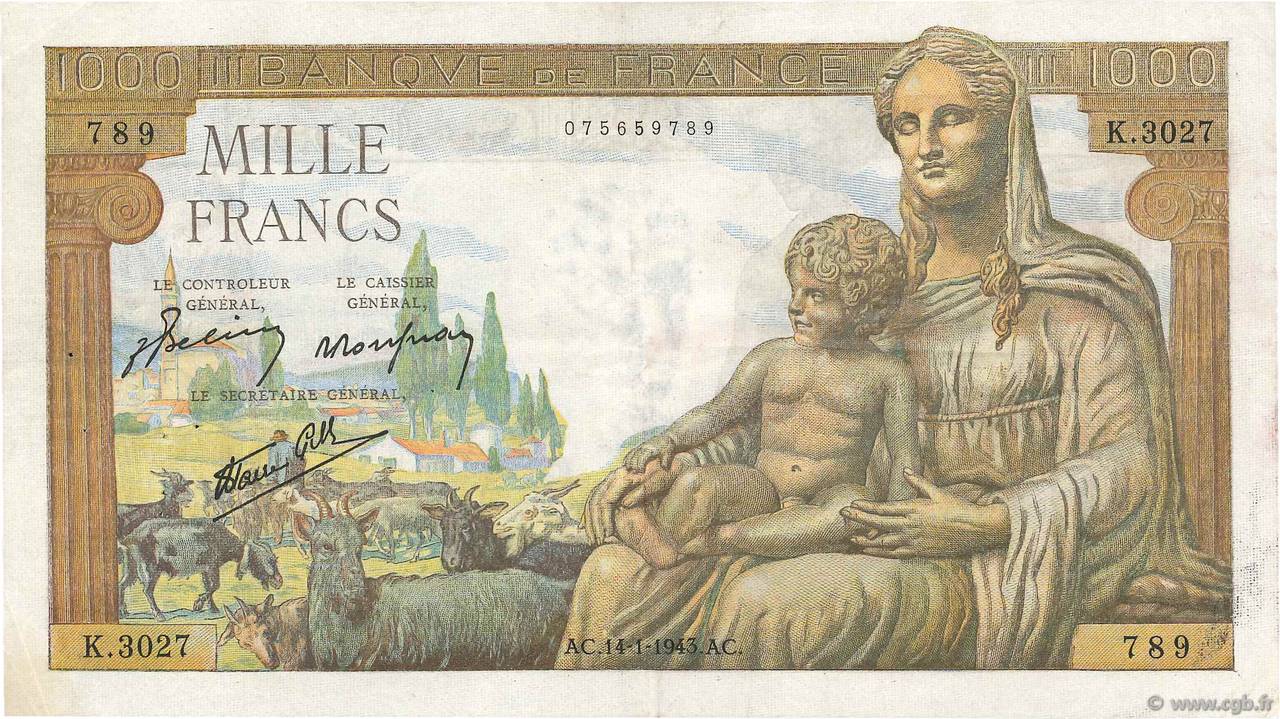 1000 Francs DÉESSE DÉMÉTER FRANCE  1943 F.40.16 TTB+