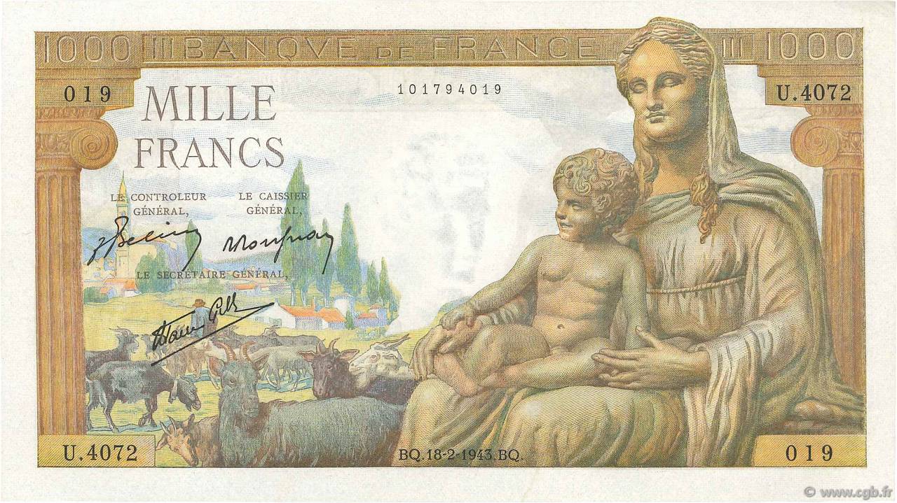 1000 Francs DÉESSE DÉMÉTER FRANCE  1943 F.40.19 SPL