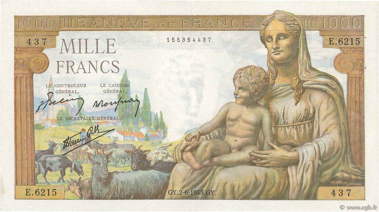 1000 Francs DÉESSE DÉMÉTER FRANCE  1943 F.40.26 pr.SUP
