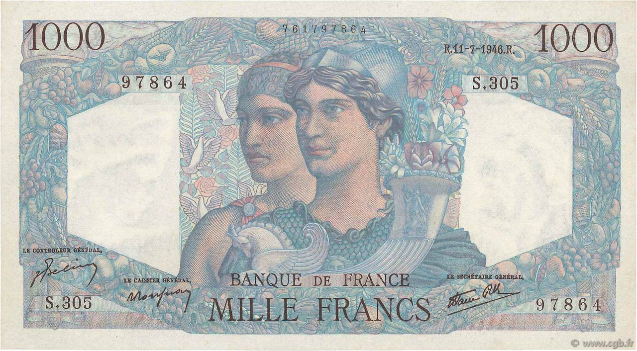 1000 Francs MINERVE ET HERCULE FRANCE  1946 F.41.15 pr.SPL