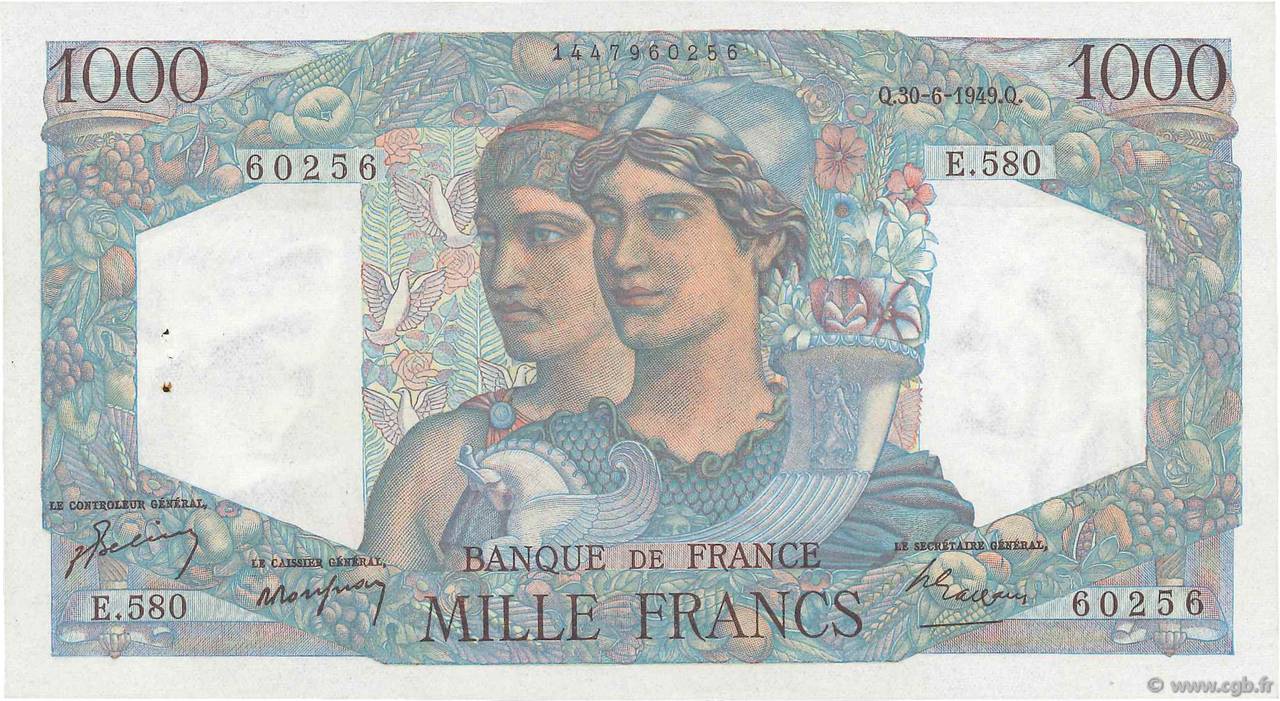 1000 Francs MINERVE ET HERCULE FRANCE  1949 F.41.27 AU-