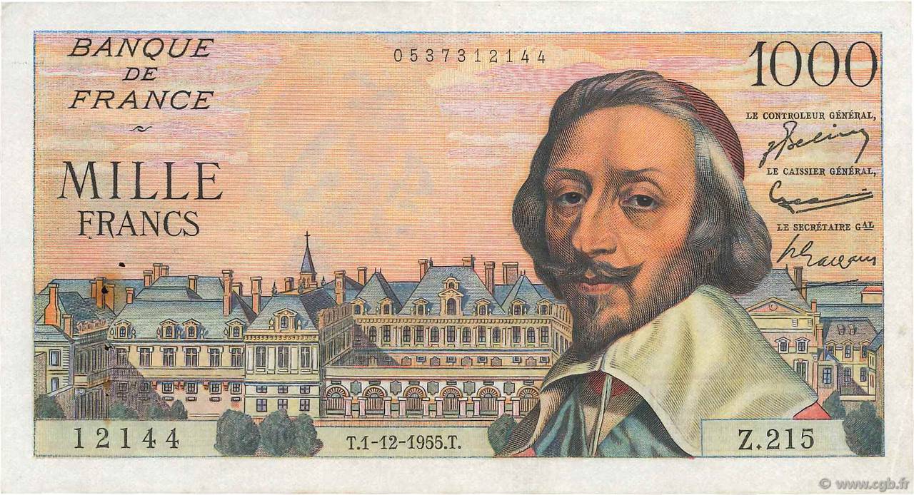 1000 Francs RICHELIEU FRANCE  1955 F.42.17 TTB+
