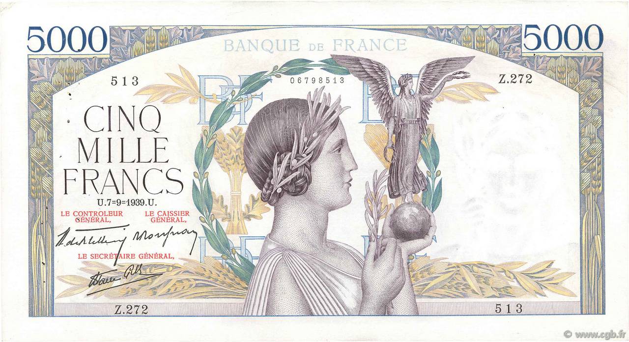 5000 Francs VICTOIRE Impression à plat FRANCE  1939 F.46.09 TTB