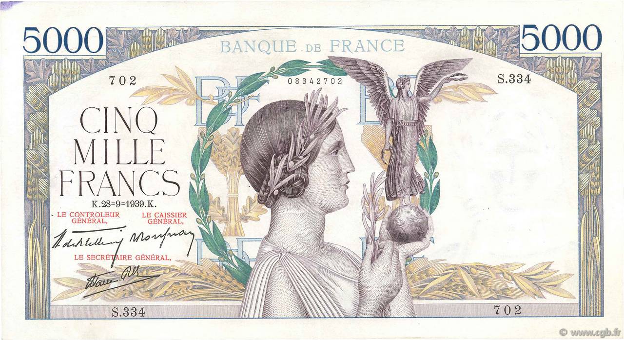 5000 Francs VICTOIRE Impression à plat FRANCE  1939 F.46.12 TTB+