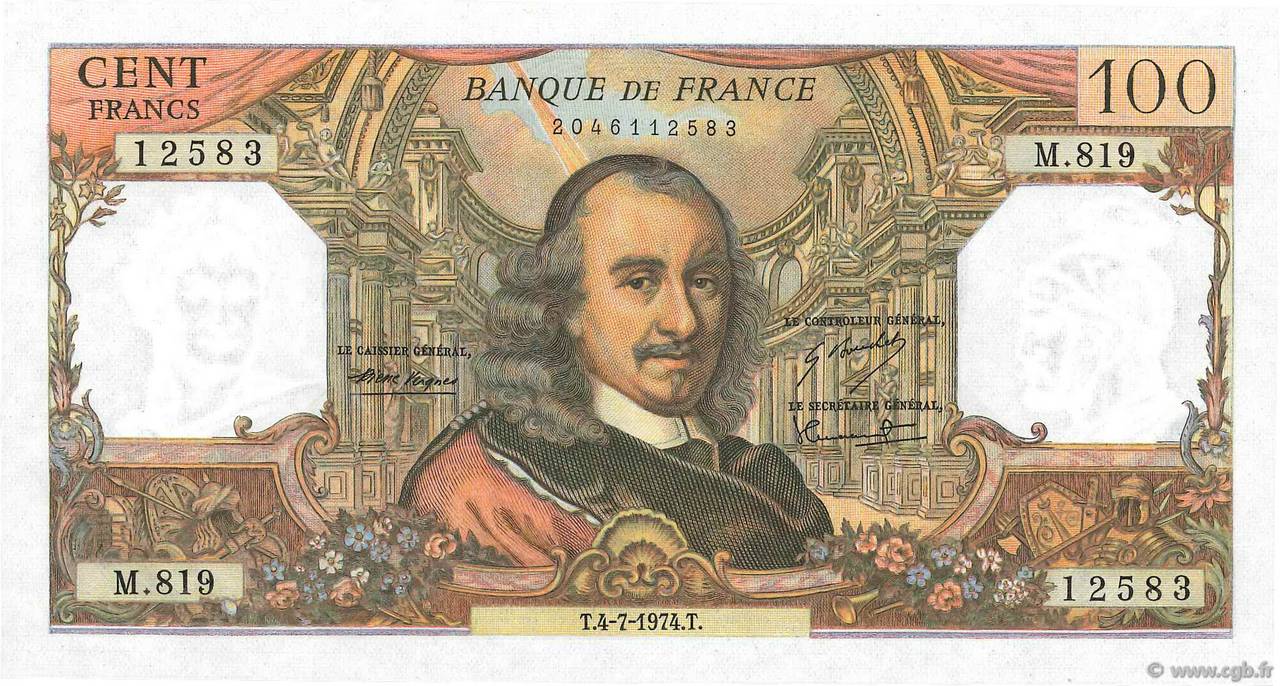 100 Francs CORNEILLE FRANCE  1974 F.65.46 UNC