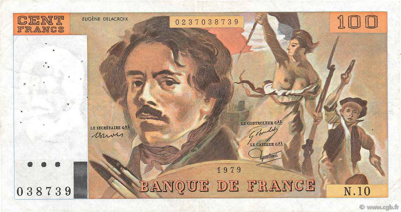 100 Francs DELACROIX modifié FRANCE  1979 F.69.02a pr.TTB