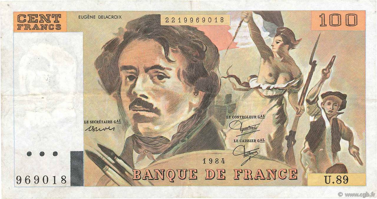 100 Francs DELACROIX modifié FRANCE  1984 F.69.08b pr.TTB