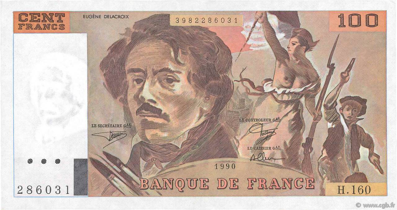 100 Francs DELACROIX imprimé en continu FRANCE  1990 F.69bis.02b SUP+
