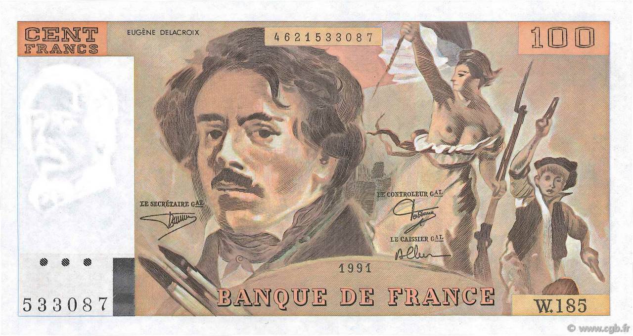 100 Francs DELACROIX imprimé en continu FRANCE  1991 F.69bis.03b2 SPL+
