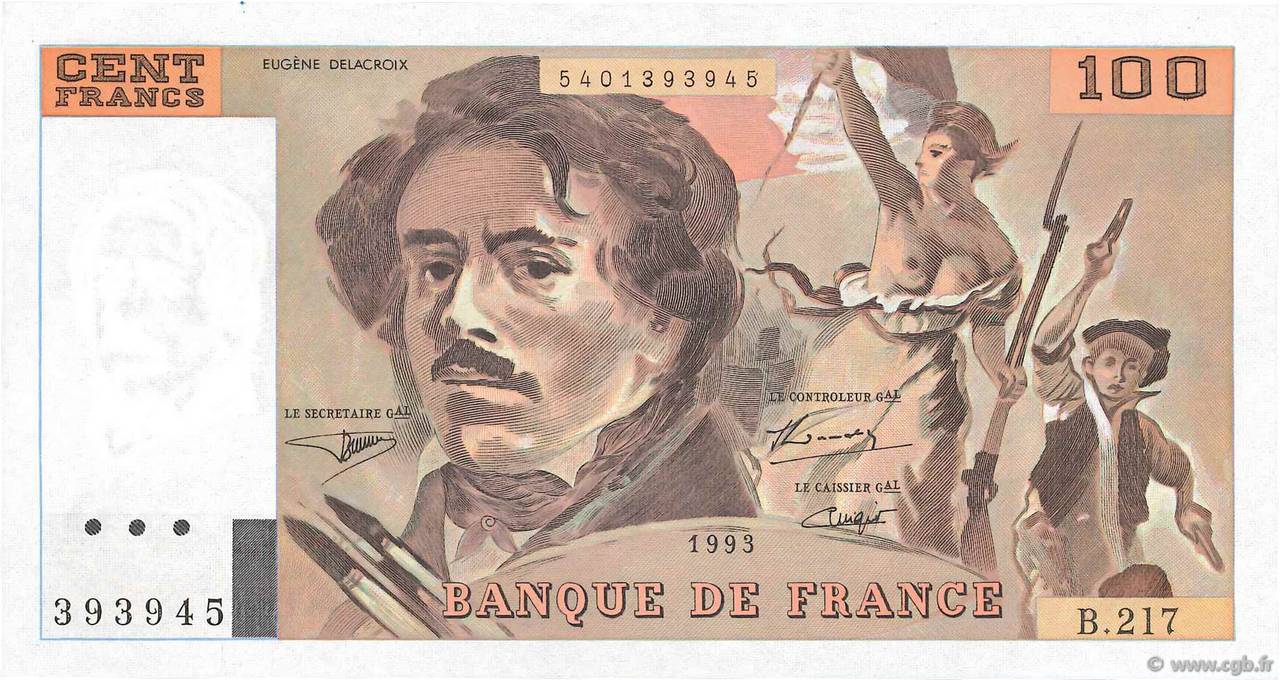100 Francs DELACROIX imprimé en continu FRANCE  1993 F.69bis.05 XF