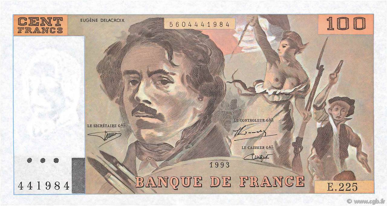 100 Francs DELACROIX imprimé en continu FRANCE  1993 F.69bis.08 pr.SPL