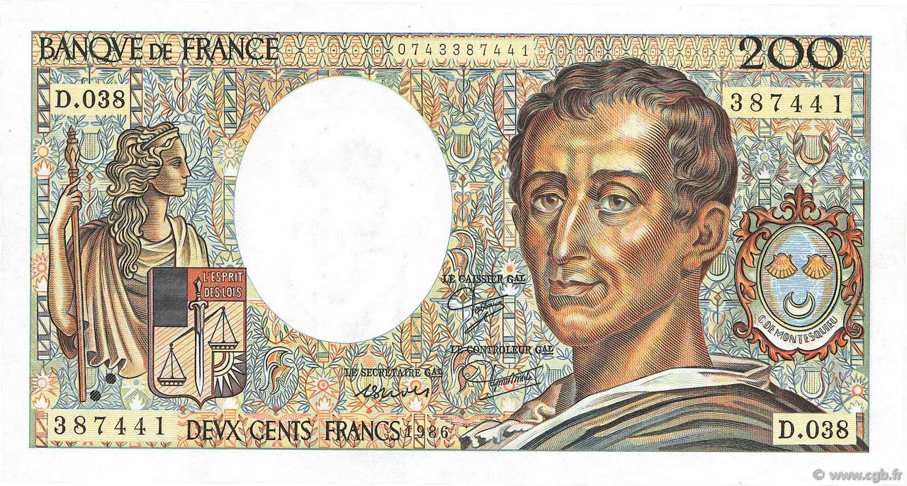 200 Francs MONTESQUIEU Fauté FRANCE  1986 F.70.06 SPL