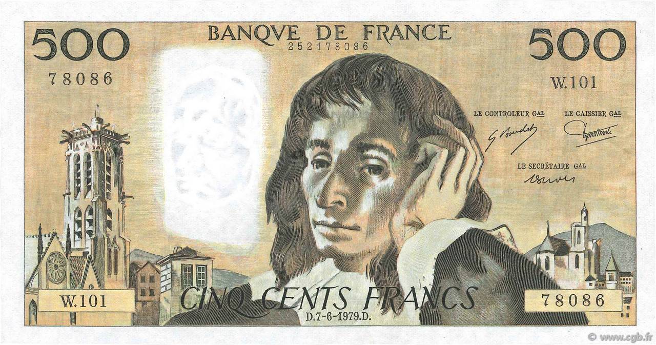 500 Francs PASCAL FRANKREICH  1979 F.71.19 fST