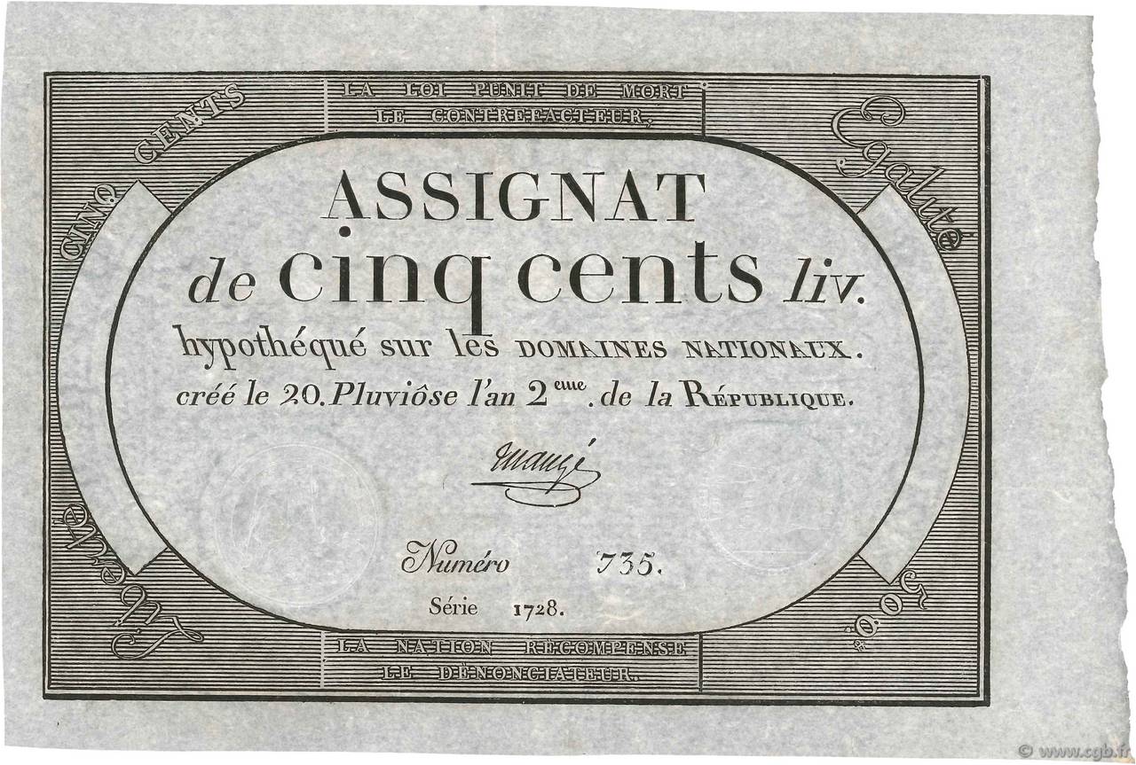 500 Livres FRANCE  1794 Ass.47a SPL