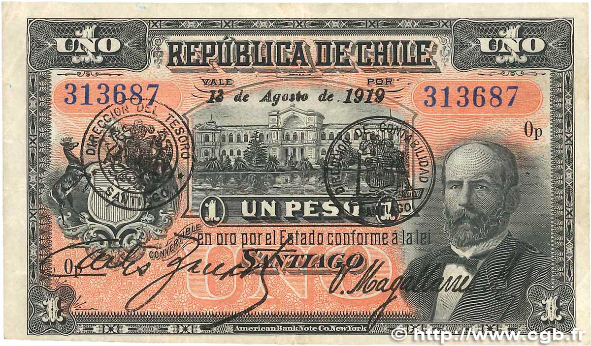 1 Peso CHILI  1919 P.015b TTB