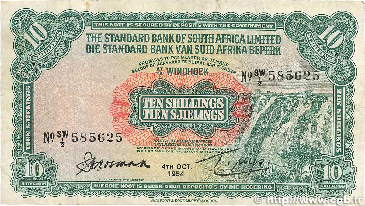 10 Shillings AFRIQUE DU SUD OUEST  1954 P.10 TB+