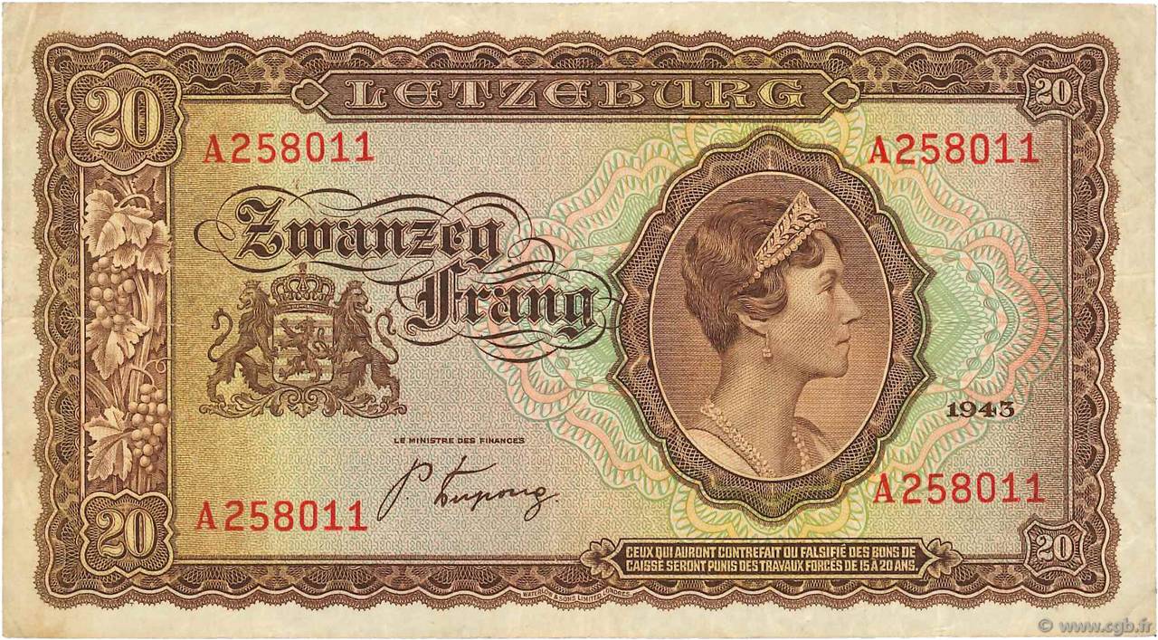 20 Frang LUXEMBOURG  1943 P.42a TB