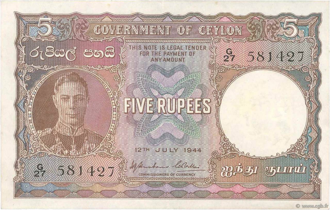 5 Rupees CEYLAN  1944 P.036a SUP+