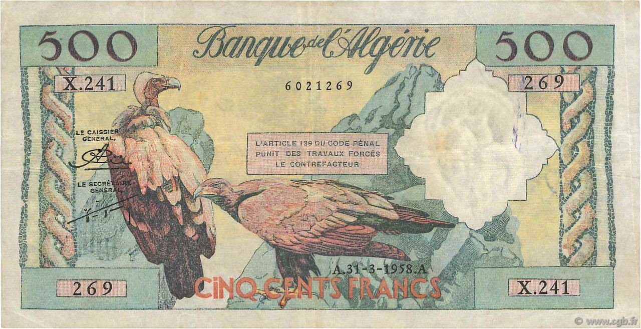 500 Francs ALGÉRIE  1958 P.117 pr.TTB