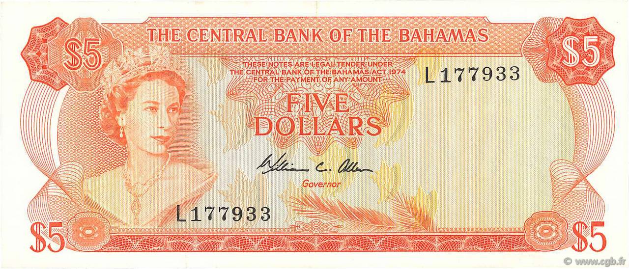 5 Dollars BAHAMAS  1974 P.37b q.SPL