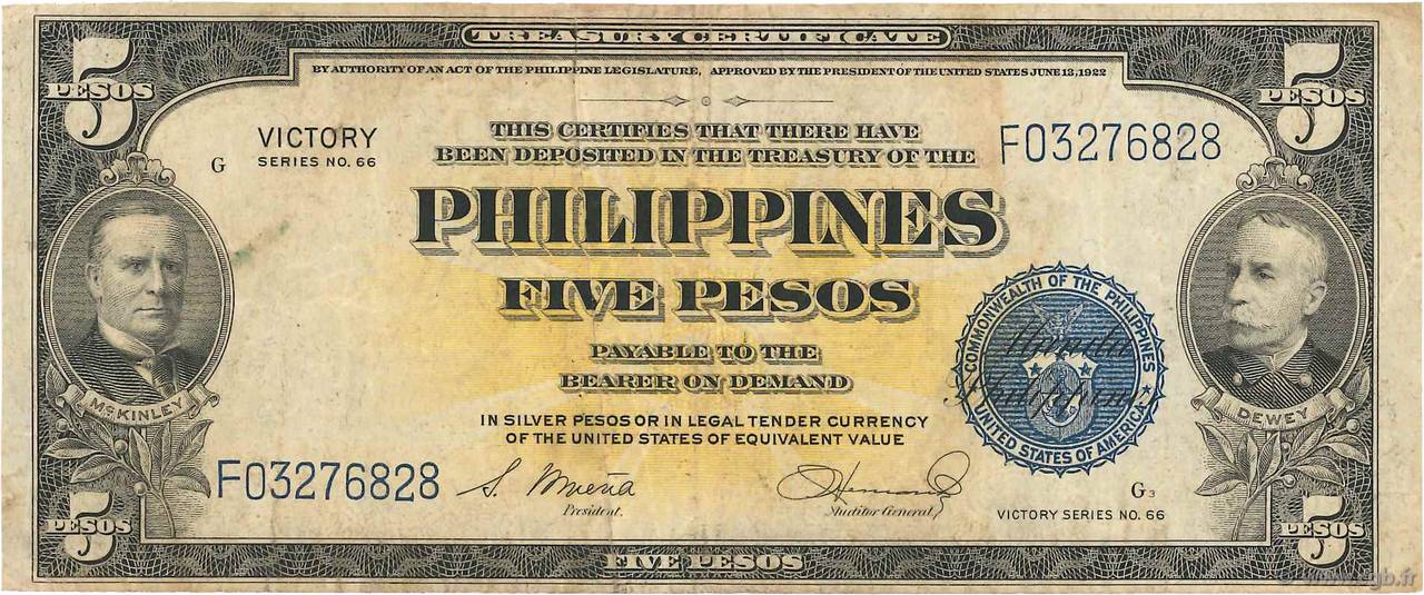 5 Pesos PHILIPPINES  1944 P.096 TB+