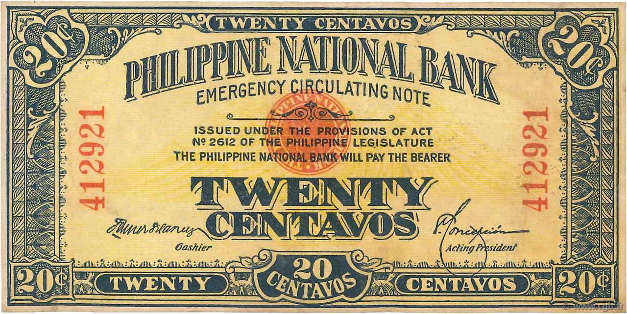 20 Centavos PHILIPPINES  1917 P.040 VF