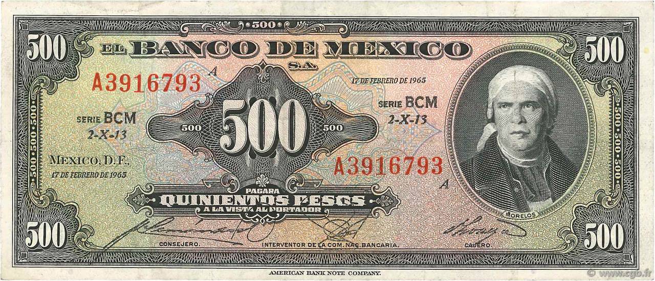 500 Pesos MEXIQUE  1965 P.051m TTB