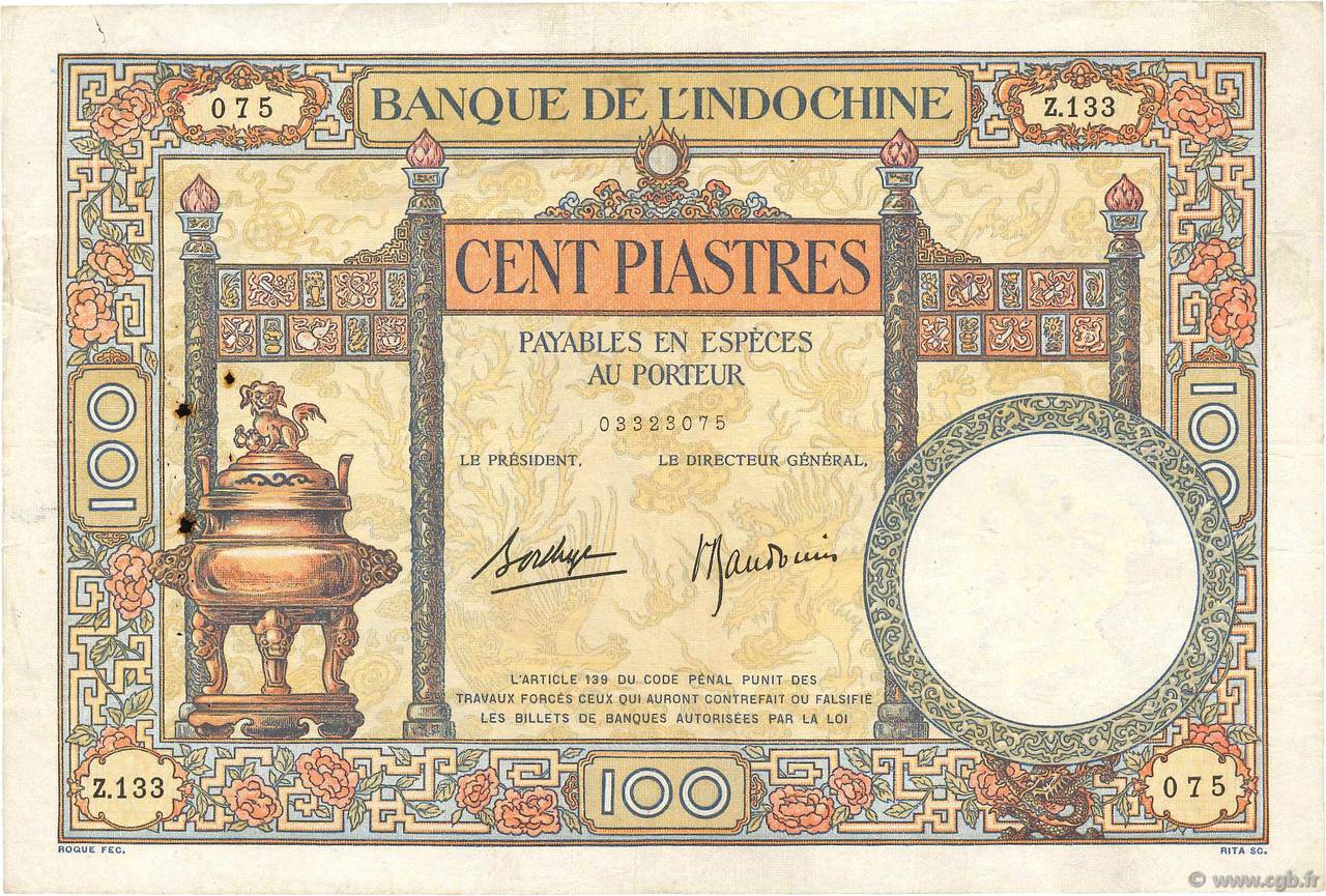100 Piastres INDOCHINE FRANÇAISE  1936 P.051d TB+