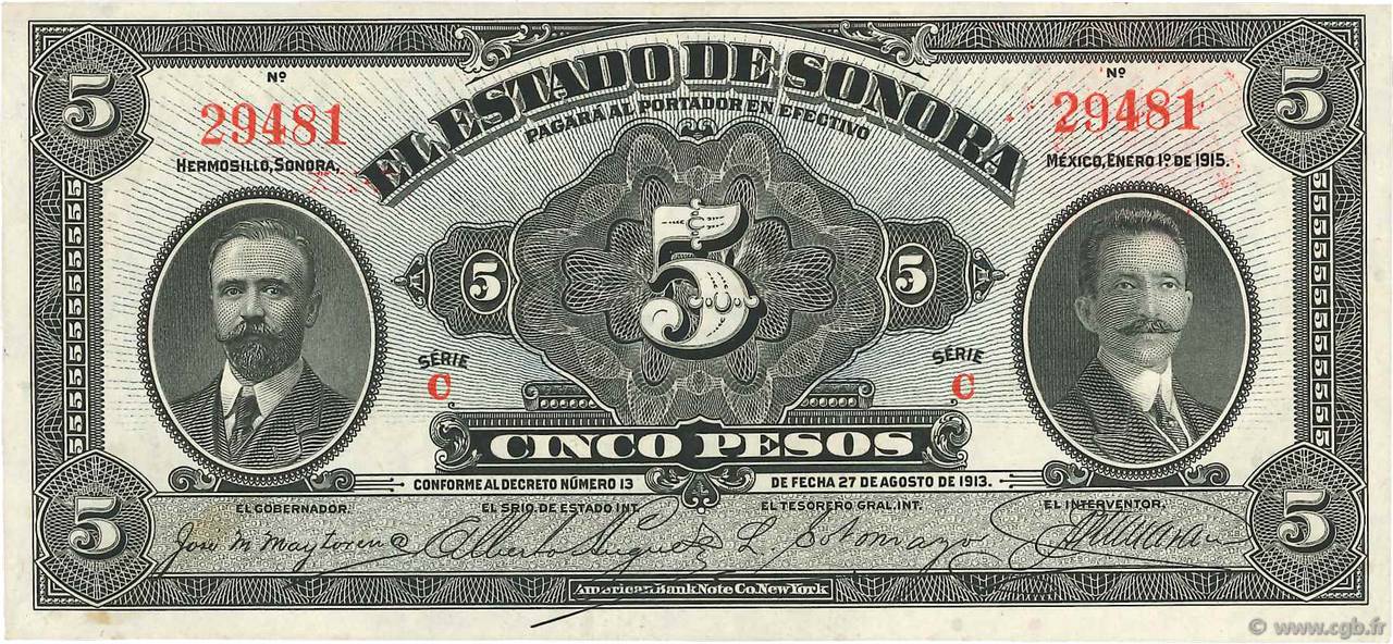 5 Pesos MEXICO Hermosillo 1915 PS.1072 AU+