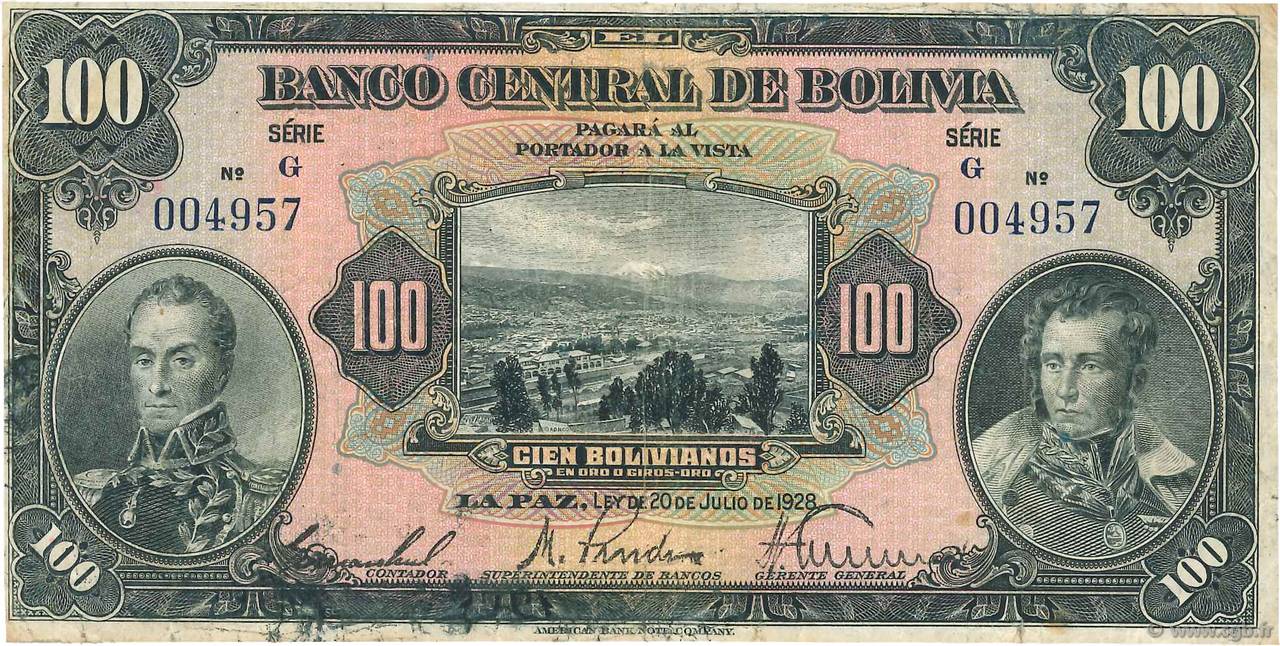 100 Bolivianos BOLIVIE  1928 P.125 pr.TB