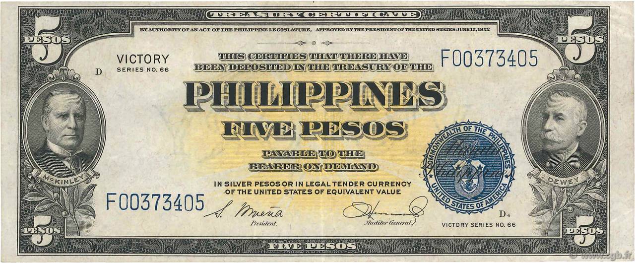 5 Pesos PHILIPPINES  1944 P.096 VF