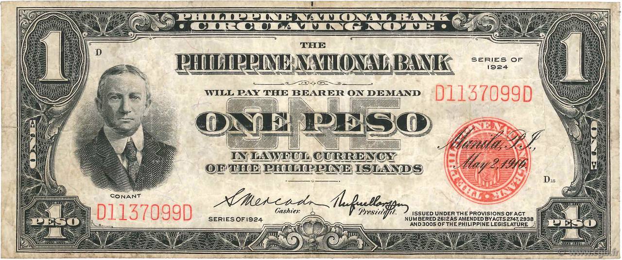 1 Peso PHILIPPINES  1924 P.056 pr.TB