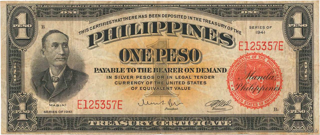 1 Peso PHILIPPINES  1941 P.089a TB